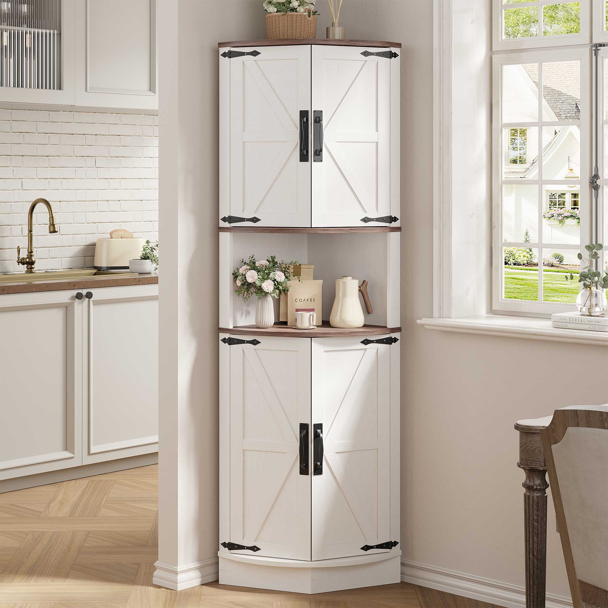 Conate 64.8" Farmhouse Corner Storage Cabinet with 4 Barn Doors, White