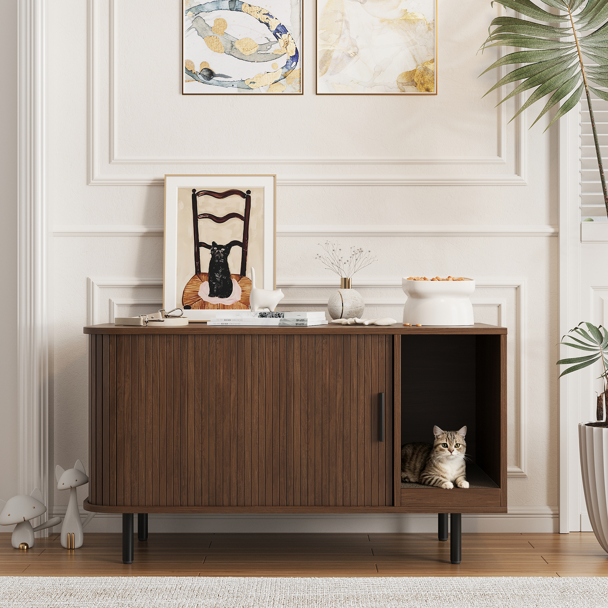 Conate Hidden Cat Litter Box Enclosure with Scratch Pad & Sliding Door