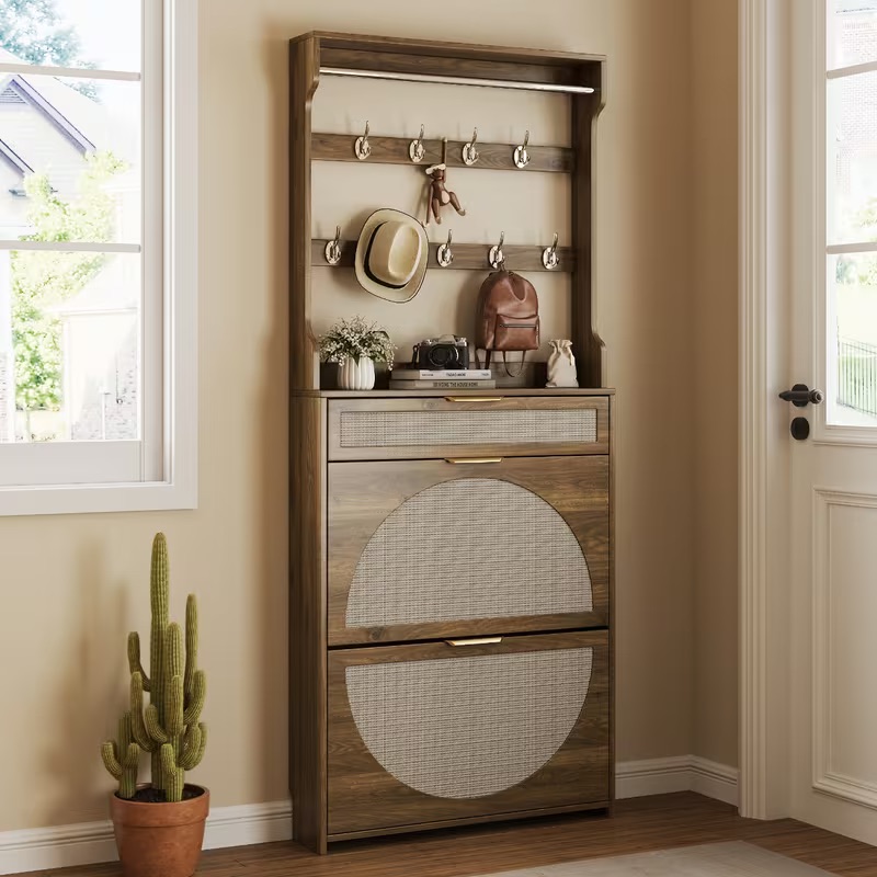 Conate Narrow Entryway Shoe Cabinet with Coat Rack & Drawers, Rustic Brown