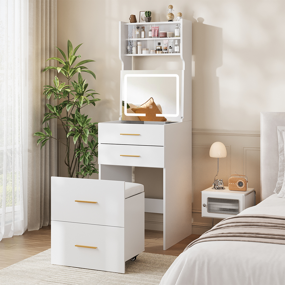 Conate Small Makeup Vanity Set with LED Mirror & Slide-Out Storage Bench