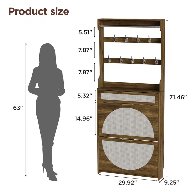Conate Narrow Entryway Shoe Cabinet with Coat Rack & Drawers, Rustic Brown