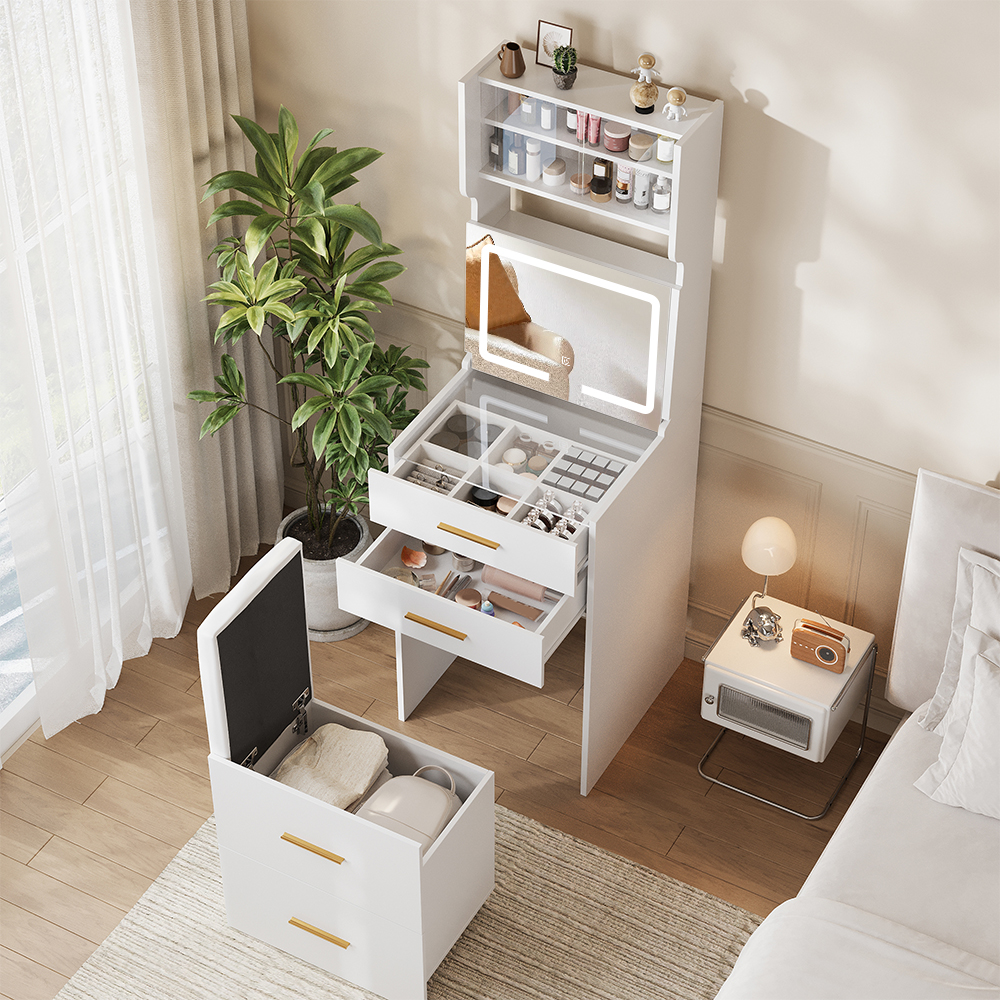 Conate Small Makeup Vanity Set with LED Mirror & Slide-Out Storage Bench