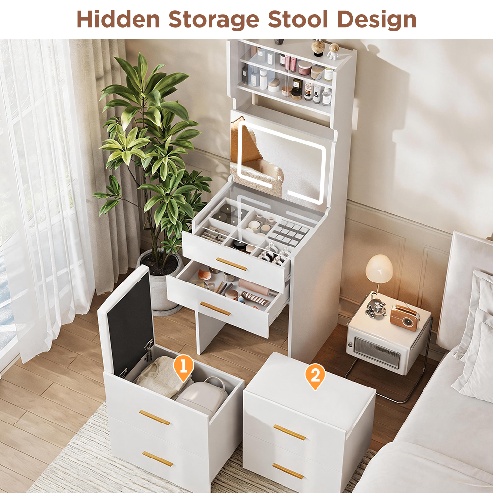 Conate Small Makeup Vanity Set with LED Mirror & Slide-Out Storage Bench