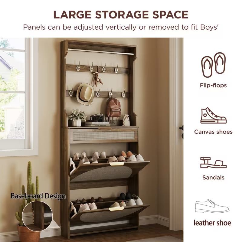 Conate Narrow Entryway Shoe Cabinet with Coat Rack & Drawers, Rustic Brown