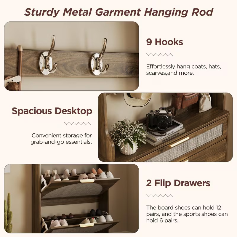 Conate Narrow Entryway Shoe Cabinet with Coat Rack & Drawers, Rustic Brown