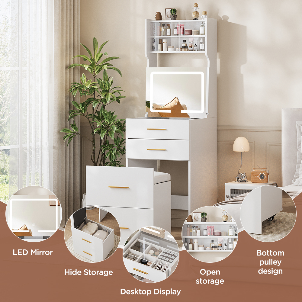 Conate Small Makeup Vanity Set with LED Mirror & Slide-Out Storage Bench