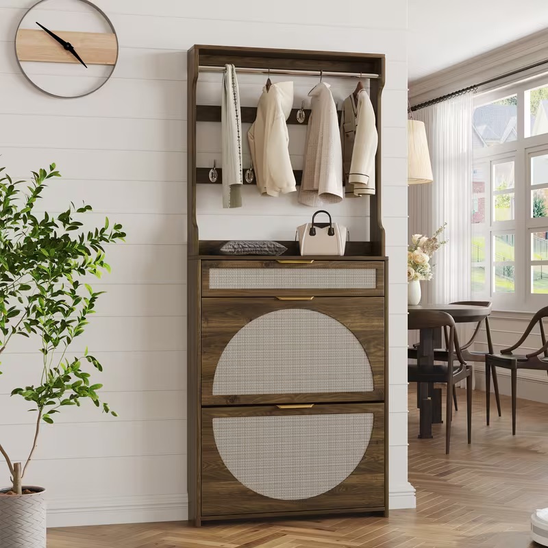 Conate Narrow Entryway Shoe Cabinet with Coat Rack & Drawers, Rustic Brown
