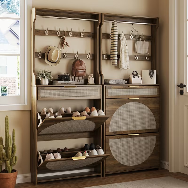 Conate Narrow Entryway Shoe Cabinet with Coat Rack & Drawers, Rustic Brown