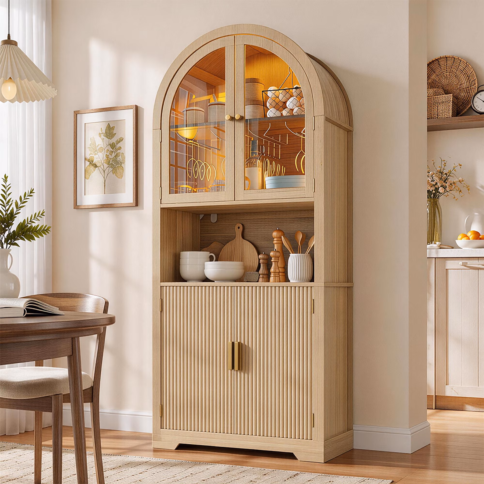 Conate 70" Tall Arched Kitchen Pantry Cabinet with LED Light, Fluted Storage Cabinets with Stemware Rack, Glass Doors for Dining Room & Living Room
