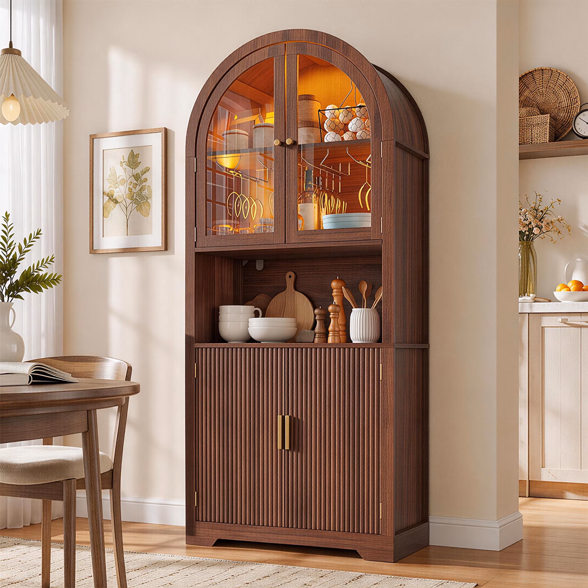 Conate 70" Tall Arched Kitchen Pantry Cabinet with LED Light, Fluted Storage Cabinets with Stemware Rack, Glass Doors for Dining Room & Living Room