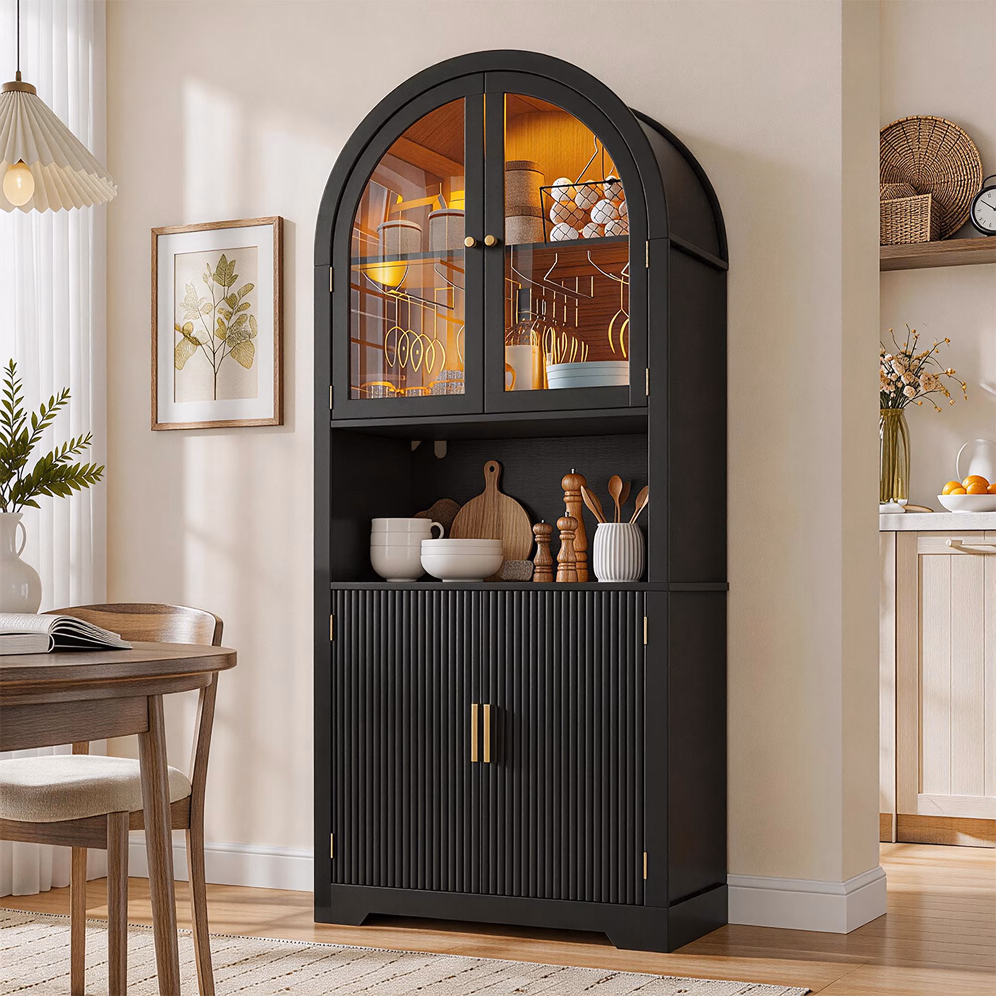Conate 70" Tall Arched Kitchen Pantry Cabinet with LED Light, Fluted Storage Cabinets with Stemware Rack, Glass Doors for Dining Room & Living Room