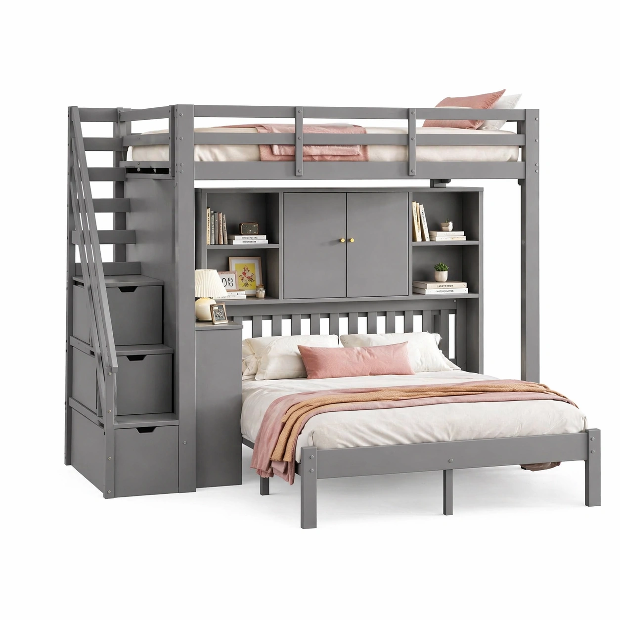 Modernes Hochbett mit Treppe und Stauraum 140 x 200 cm Grau Massivholz MDF Kinderbett mit Regal und Schrank-nivqora