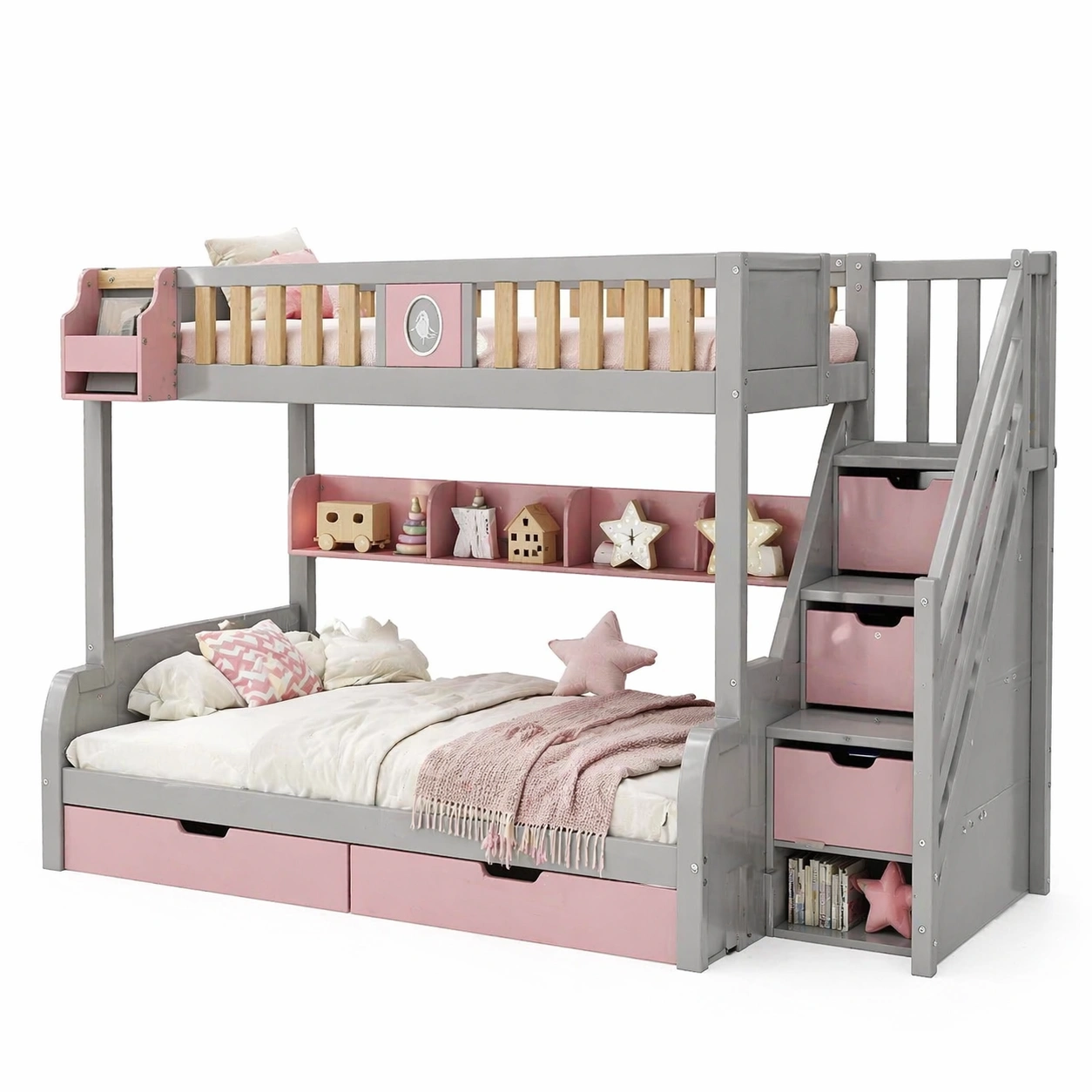 Kinder Etagenbett 90 x 200 cm mit Treppe und Stauraum, Hochbett mit Schutzgitter und Regalen, Grau Rosa-nivqora
