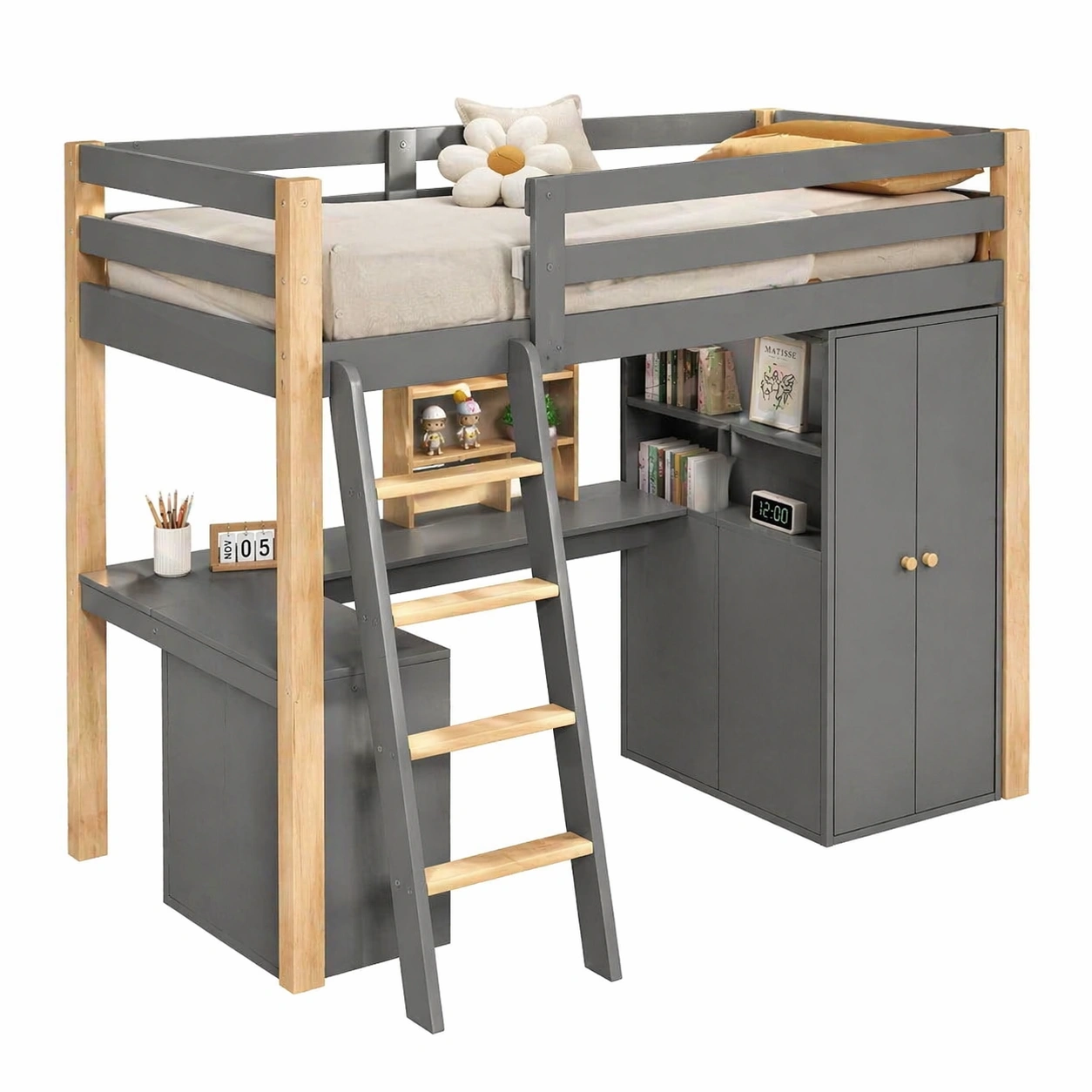 Kinder Hochbett 90 x 200 cm mit Schreibtisch, Stauraum, Leiter und Schrank, Multifunktionales Etagenbett mit Regal und Tafel, Grau Natur-nivqora