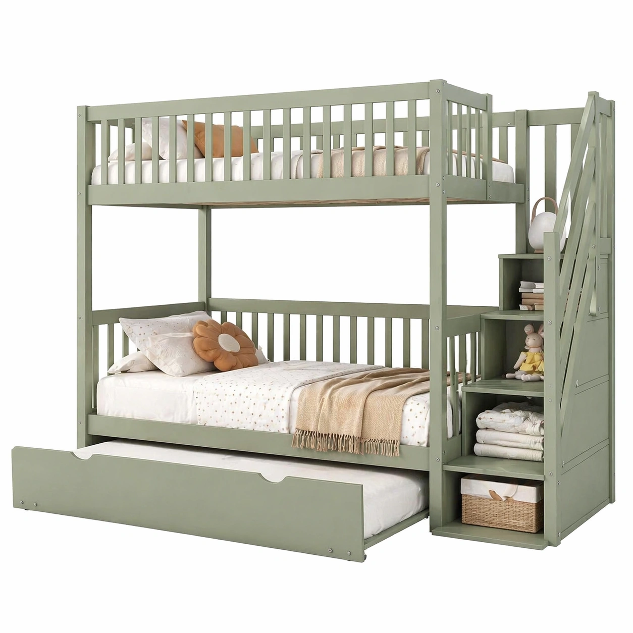 Kinder Etagenbett 90 x 200 cm mit Ausziehbett und Treppe mit Stauraum, Massivholz Rahmen, Sicherheitsgitter, Gruen-nivqora