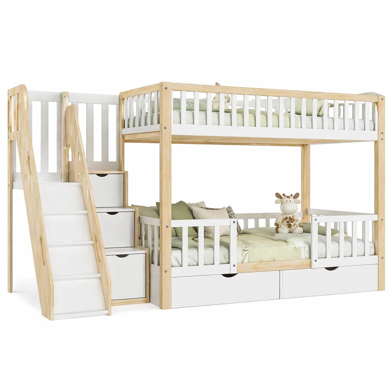 Kinder Hochbett mit Treppe, Rutsche und Schubladen 90 x 200 cm, Massivholz, Multifunktionales Etagenbett mit Stauraum-nivqora