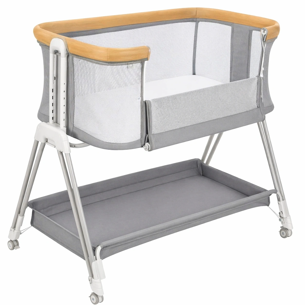 Baby Beistellbett mit Matratze, Hoehenverstellbar, Neigefunktion, Mit Rollen und Stauraum, Atmungsaktives Netzbett, Grau Natur-nivqora