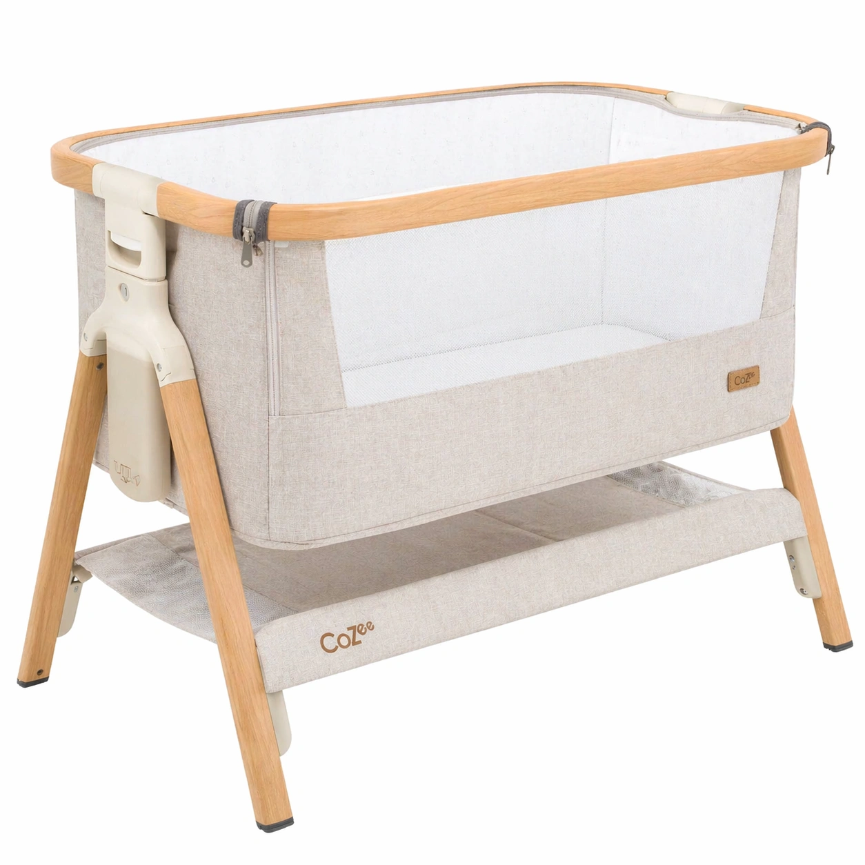 Baby Beistellbett 2 in 1 mit Hoehenverstellung, Atmungsaktivem Netzfenster und Klappfunktion, Holzrahmen, Beige-nivqora