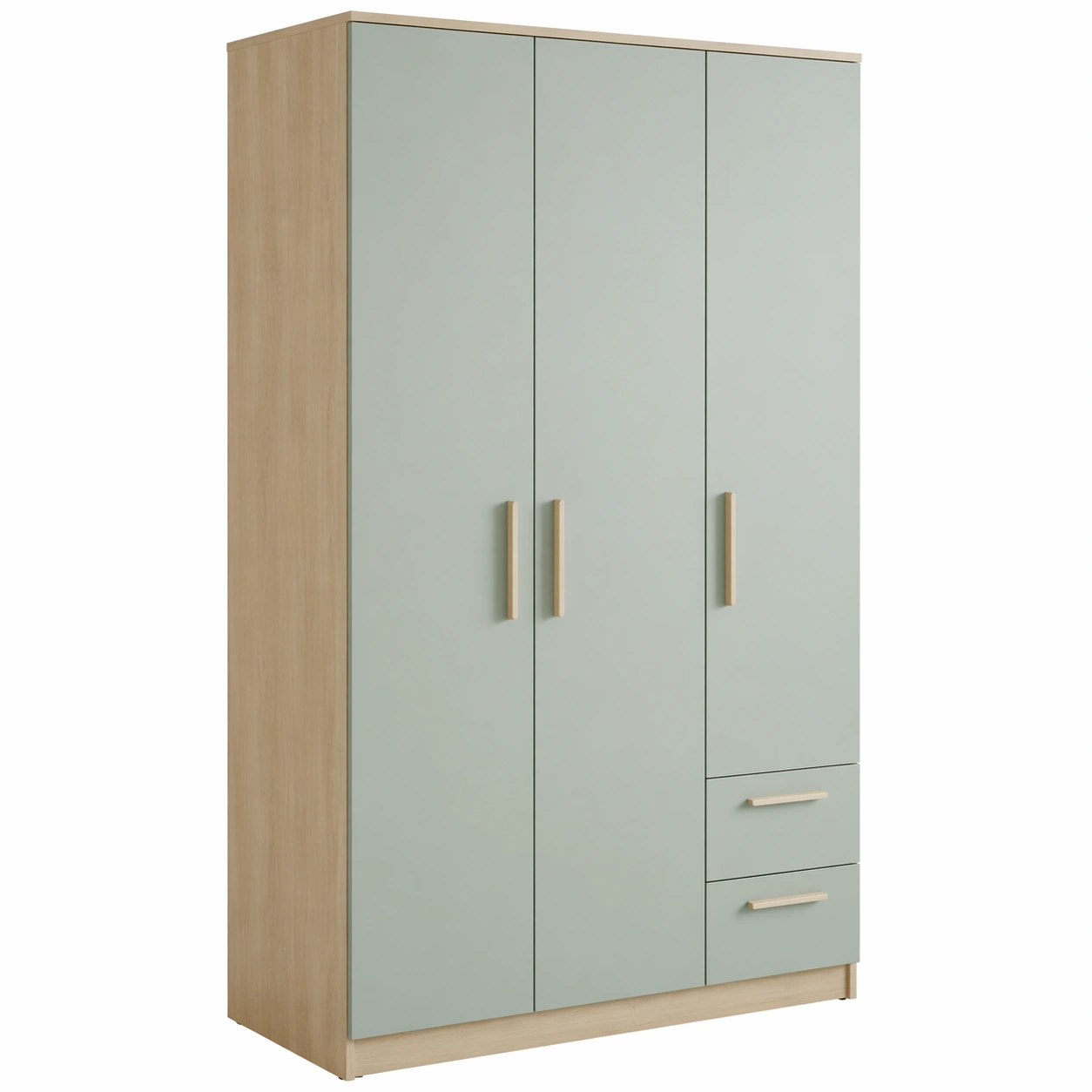Kleiderschrank 3 Tueren mit 2 Schubladen, Moderner Schrank mit Stauraum, Gruen Matt und Holzoptik-nivqora