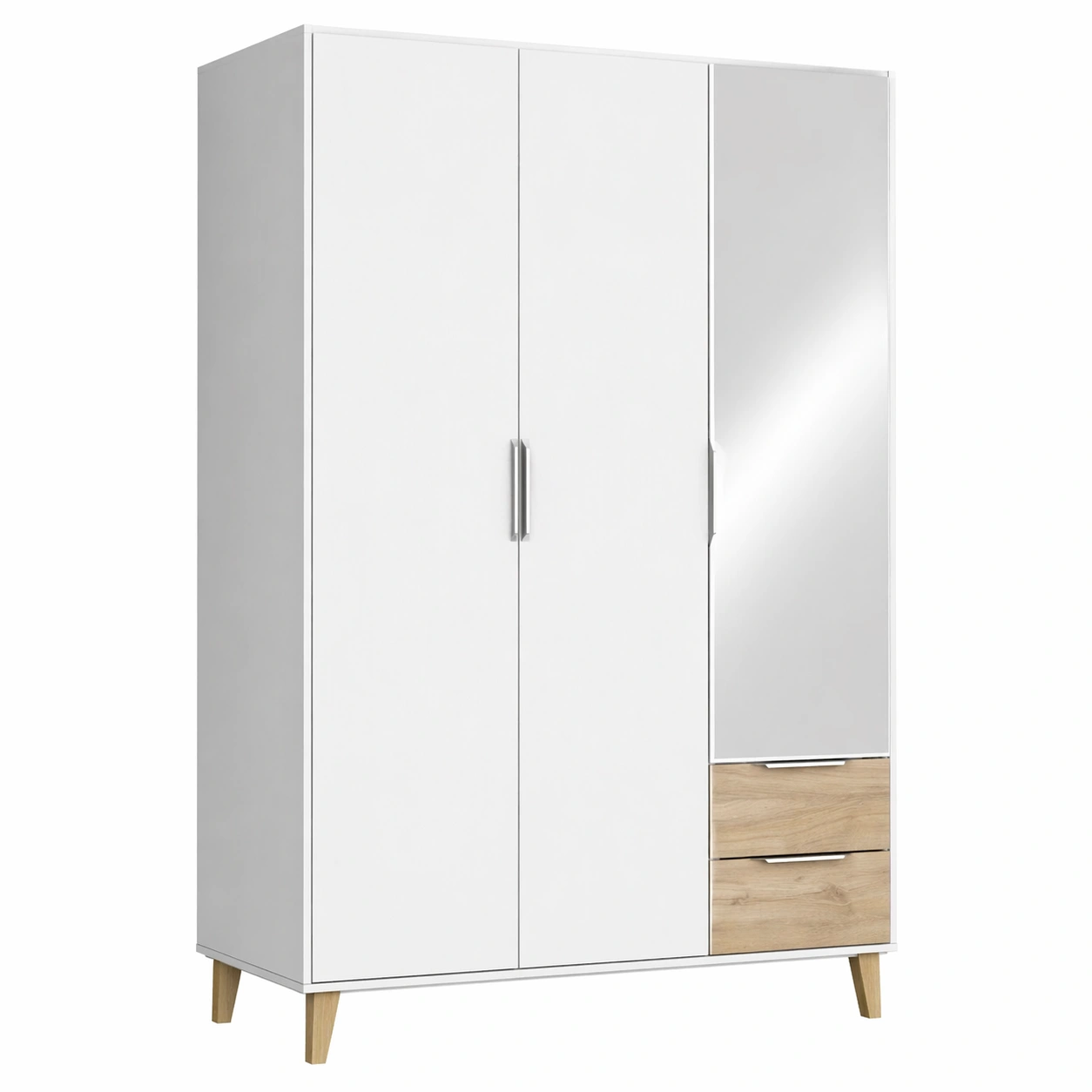 Kleiderschrank 3 Tueren mit Spiegel und 2 Schubladen, Moderner Schrank mit Stauraum und Regalfach, Weiss Holzoptik-nivqora