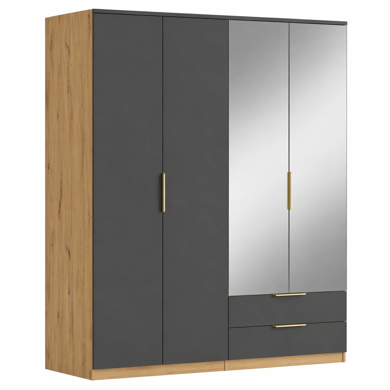 Moderner Kleiderschrank 4 Tueren mit Spiegel und Schubladen �C Matt Dunkelgrau / Eiche Optik �C 157.5 x 51 x 203 cm-nivqora