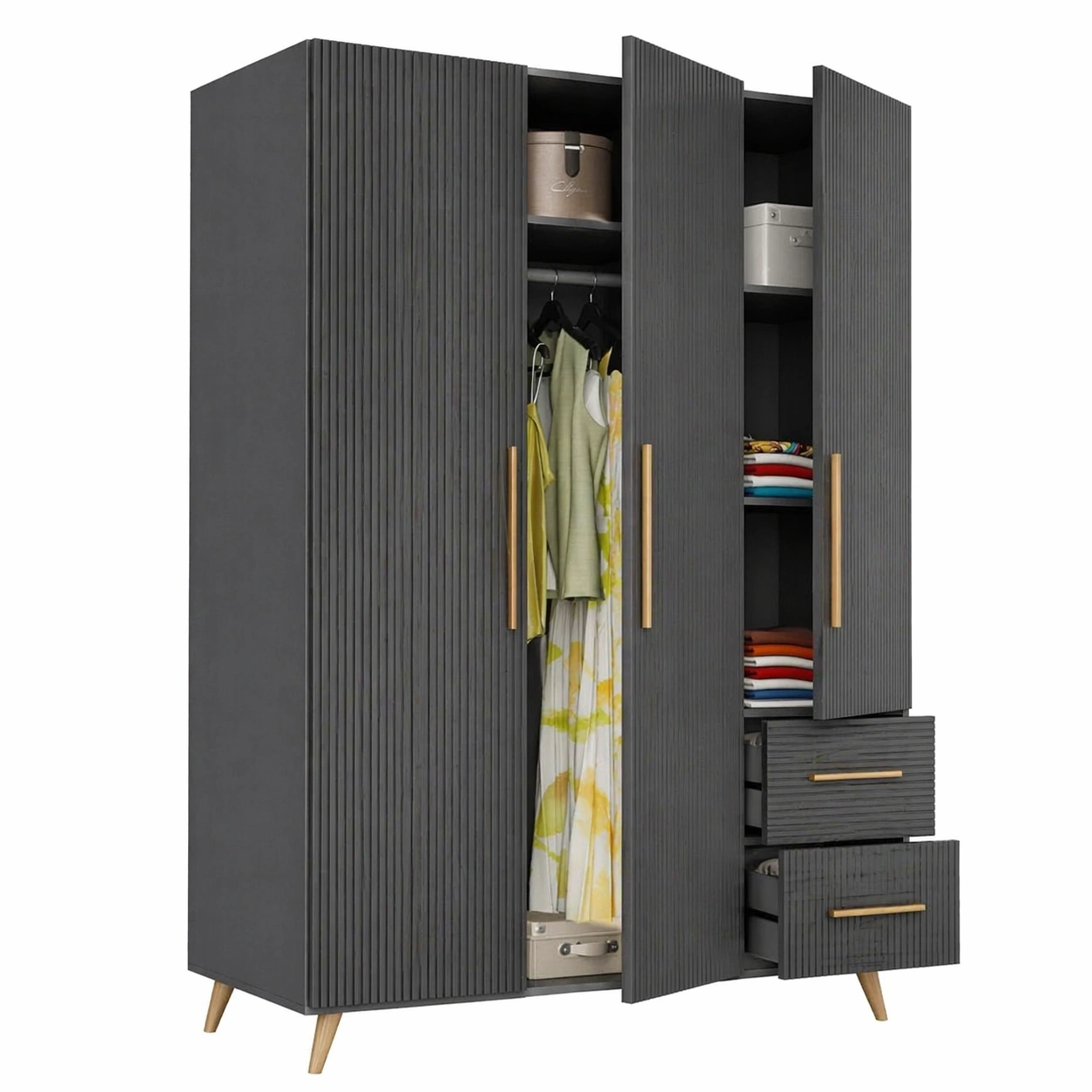 Moderner Kleiderschrank 3 Tueren 3 Schubladen Rillen Design Graphit Grau 200 x 135 x 52 cm-nivqora