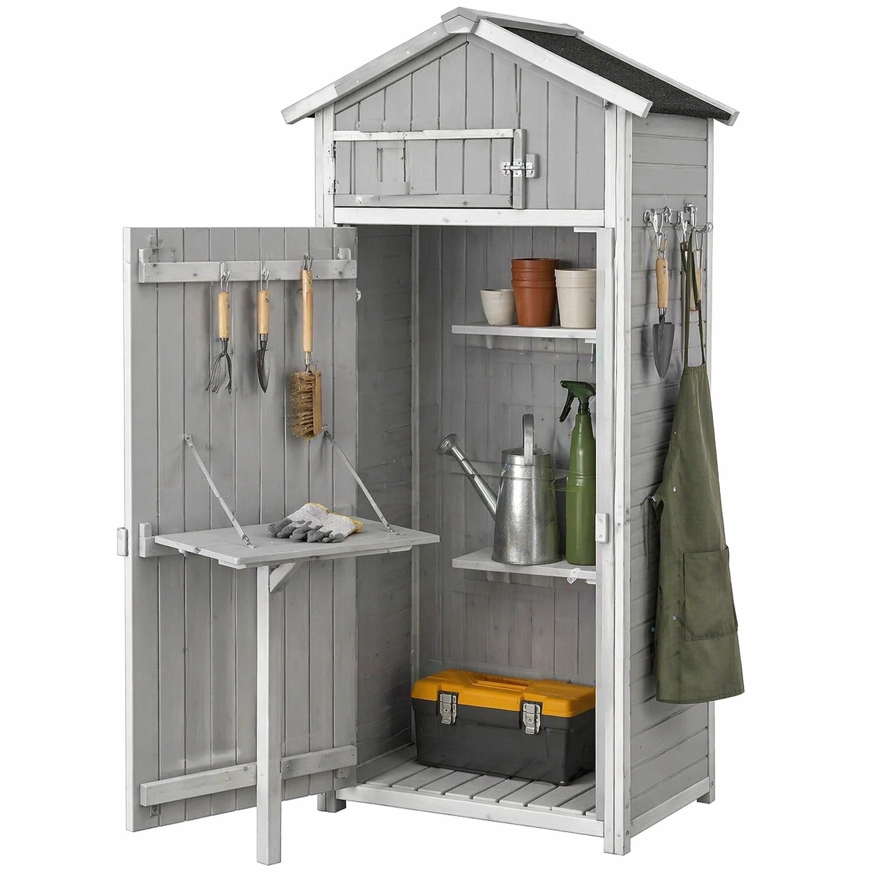 Garten Geraeteschrank Holz mit Klapptisch und Tueren Wetterfest Werkzeugschrank mit 8 Haken Satteldach Design Grau 170 x 87 x 46 cm-nivqora