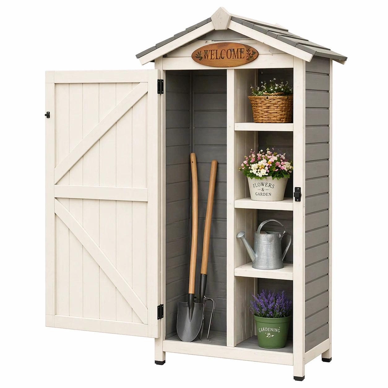 Garten Aufbewahrungsschrank mit Dach und offenen Regalen, wetterfest, fuer Balkon und Garten, Holzoptik, kompakt-nivqora