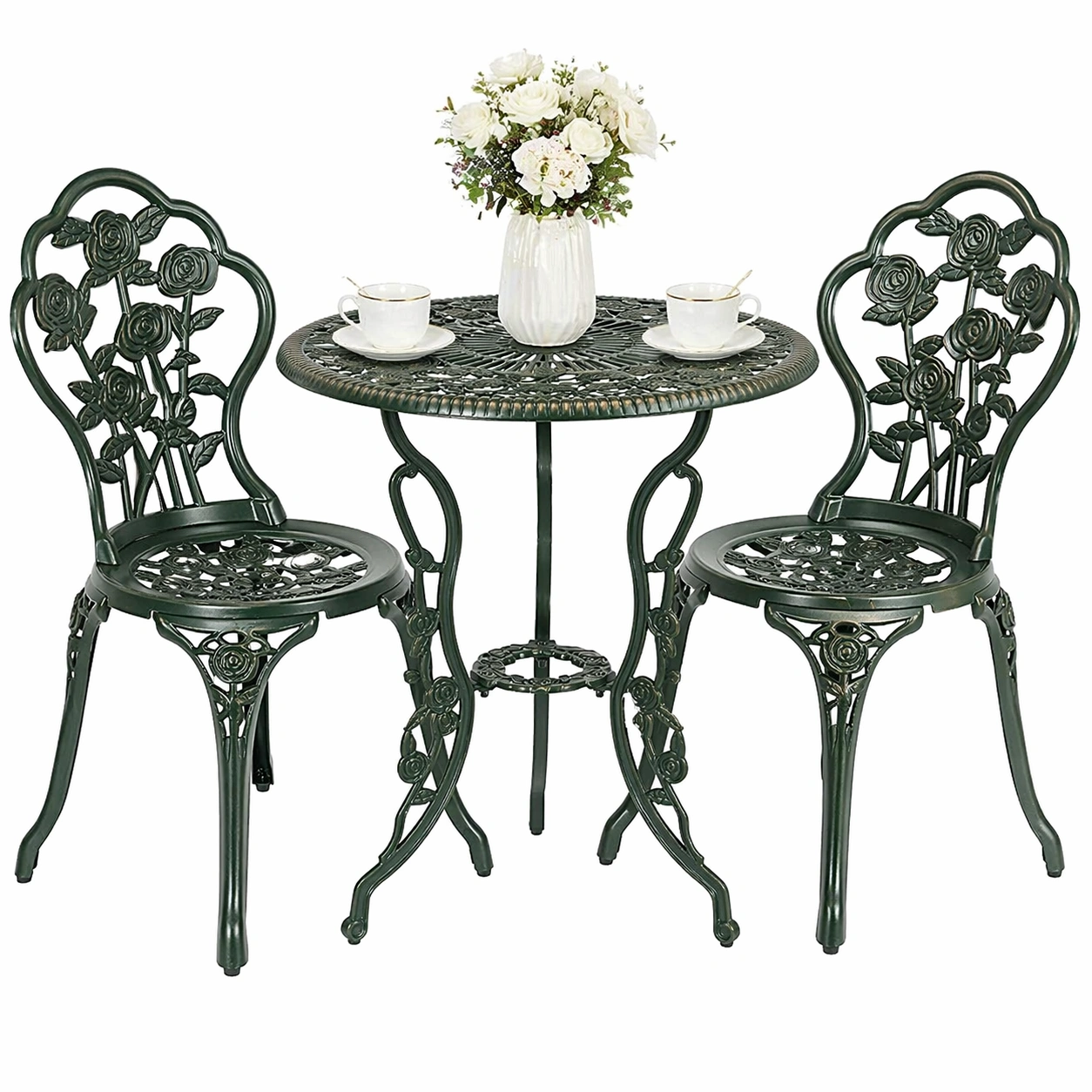 Bistro Gartenmoebel Set 2 Personen mit Tisch und 2 Stuehlen Aluminium Rosen Design Rund �C Dunkelgruen �C 70 x 70 x 72 cm-nivqora