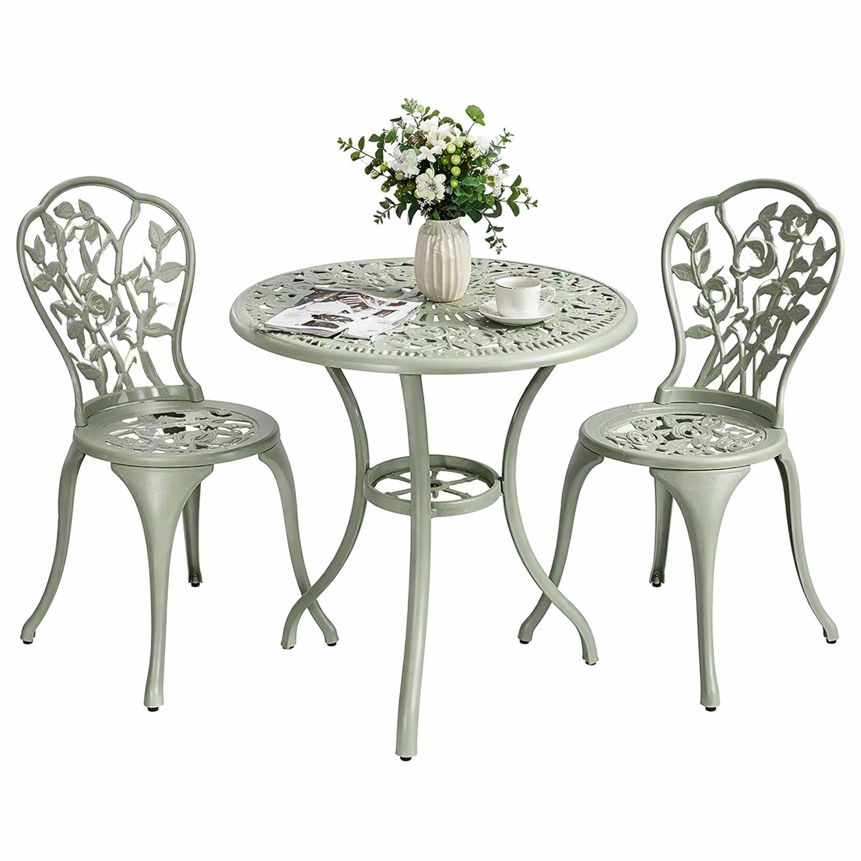 Garten Bistro Set 3 Teilig Tisch mit 2 Stuehlen Aluminium Guss Vintage Design Salbei Gruen Balkon Set Rund-nivqora