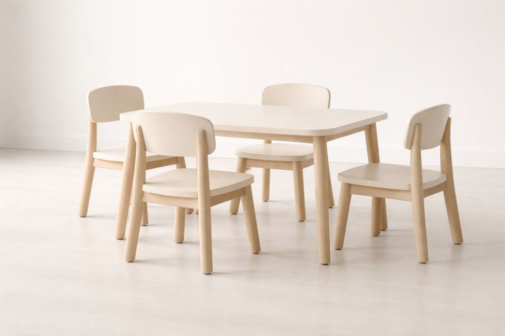 Kids Solid beech wood Table and Chair Set Beech Wood Natural Finish-Crystalhomeeu