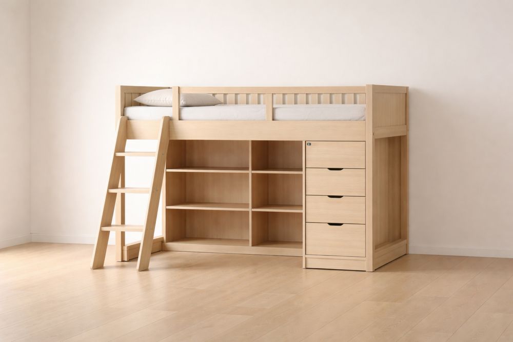 Solid oak wood Loft Bed with Storage Shelves and Drawers-Crystalhomeeu