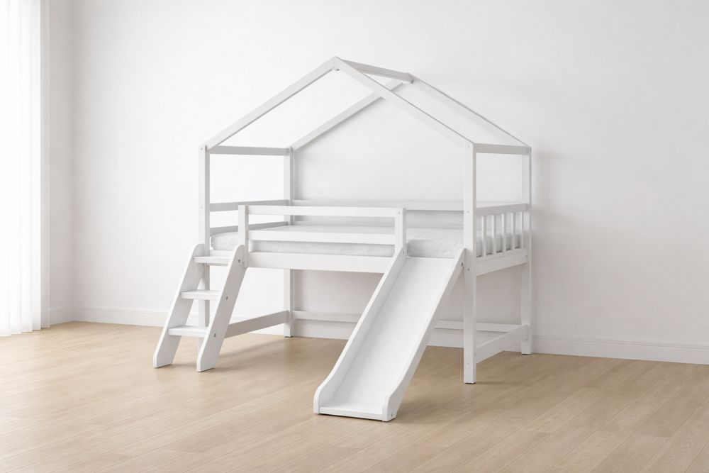 White Pine Wood Loft Bed with Slide and Ladder-Crystalhomeeu