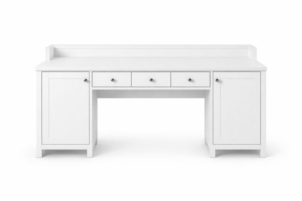 White Solid wood Desk with Drawers and Cabinets-Crystalhomeeu