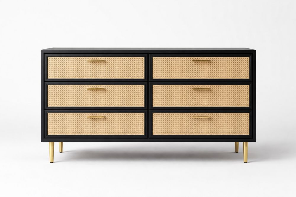 Black and Cane Six-Drawer Dresser with Steel Legs-Crystalhomeeu