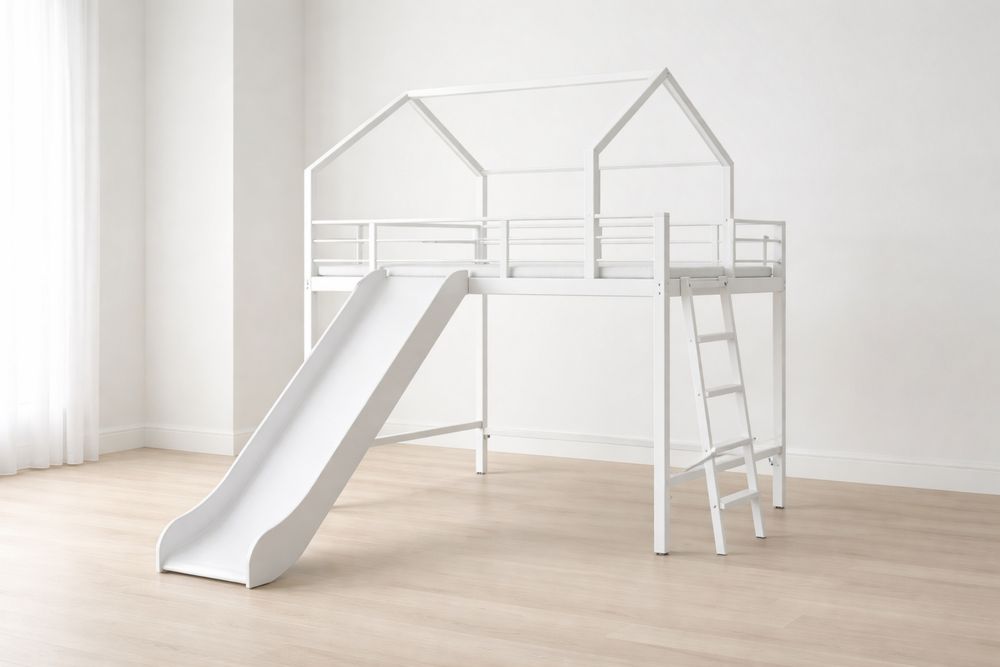 White Steel Loft Bed with Slide and Ladder-Crystalhomeeu