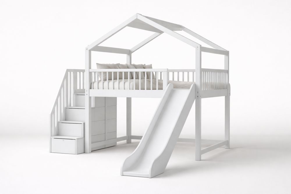 White Pine wood Loft Bed with Slide and Stairs-Crystalhomeeu