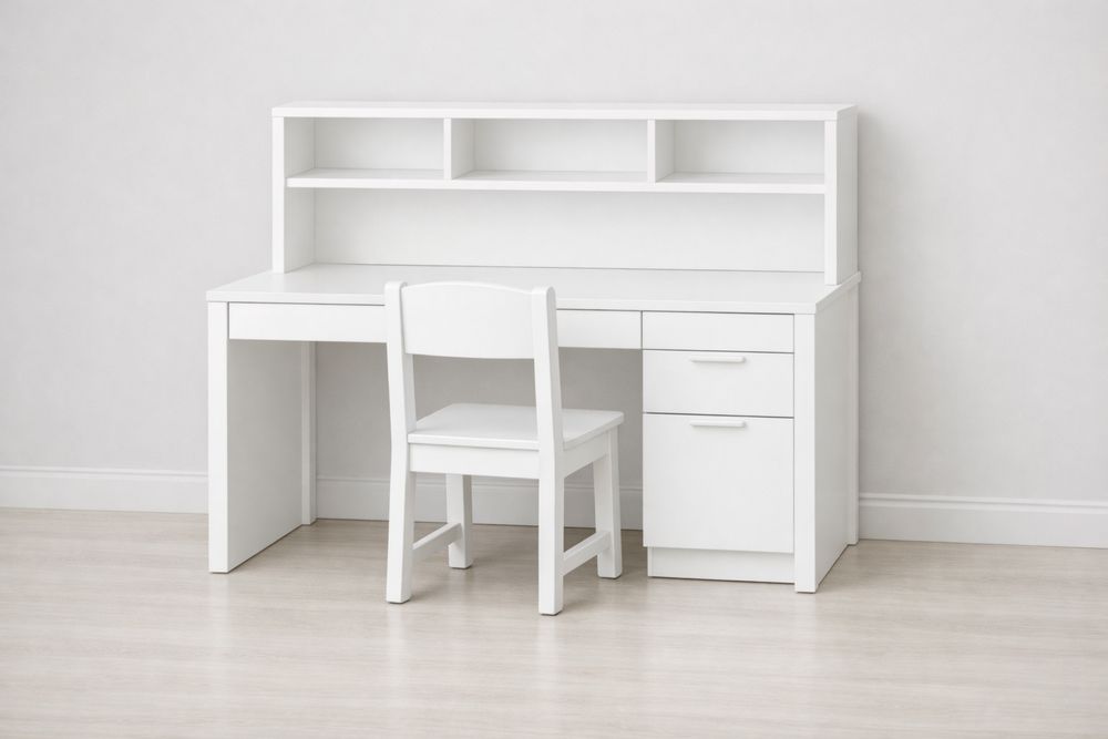 White Desk and Chair Set with Hutch and Storage Drawers-Crystalhomeeu