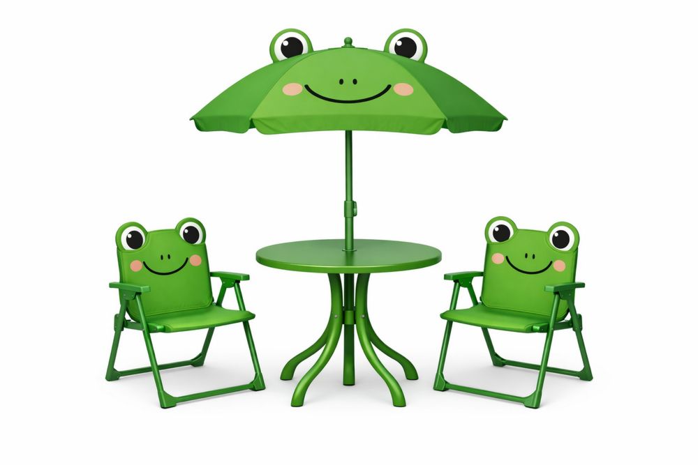Children's Frog Themed Steel and Fabric Table and Chair Set with Umbrella-Crystalhomeeu