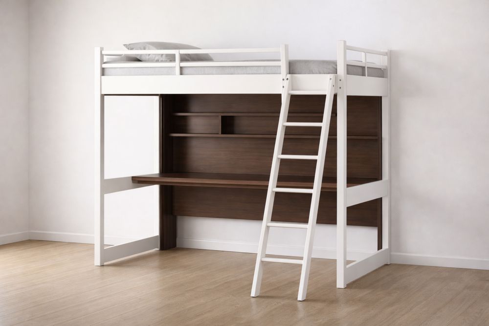 White Solid wood Loft Bed with Ladder and Desk-Crystalhomeeu