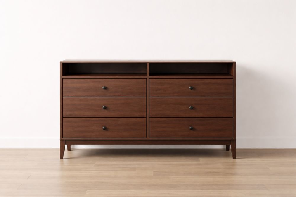 Wood 6-Drawer Dresser with Open Shelves in Walnut Brown-Crystalhomeeu