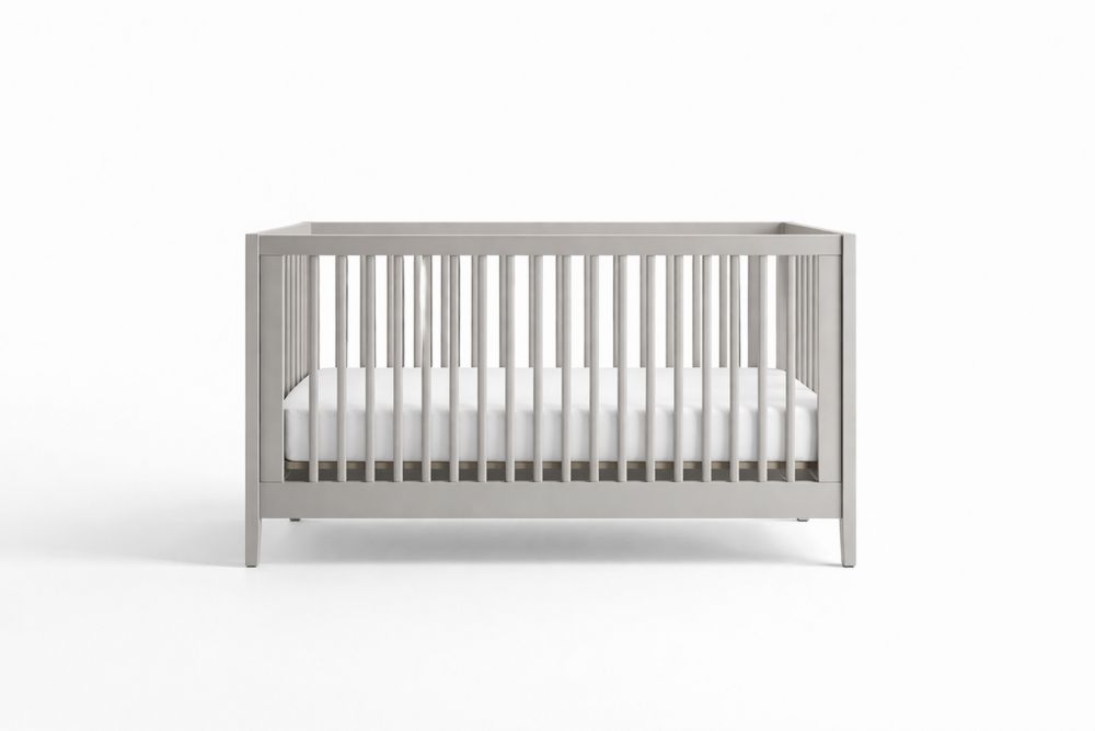 Convertible Baby Crib Gray Solid Wood Adjustable Height-Crystalhomeeu