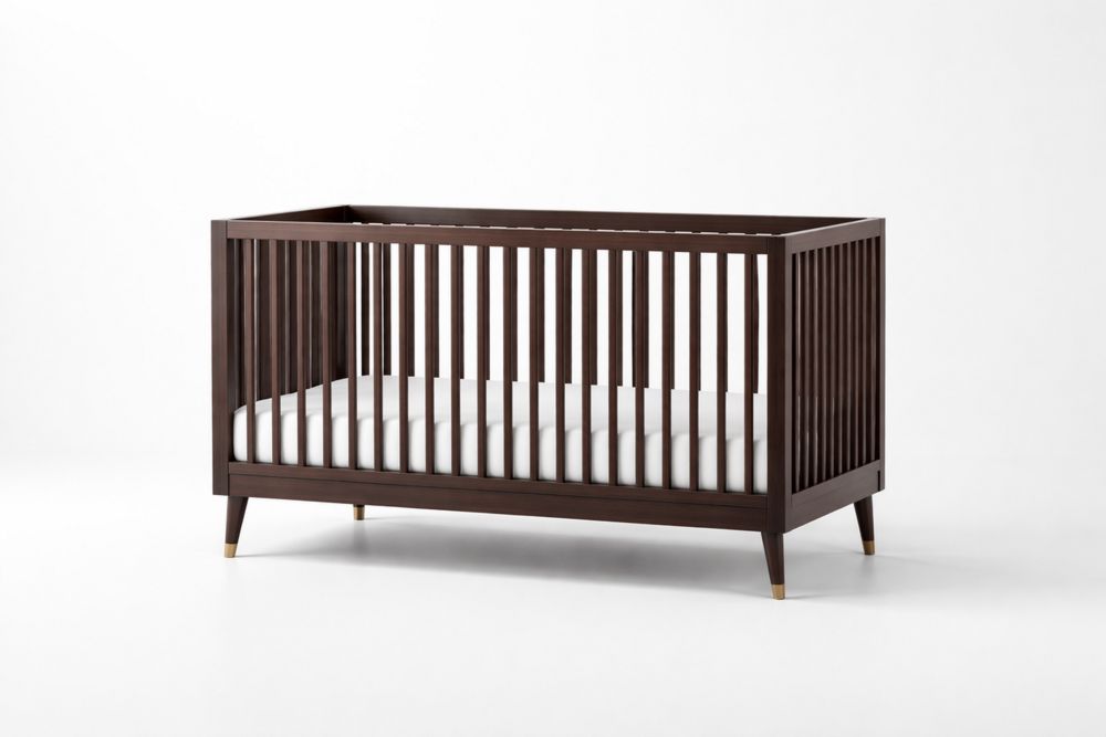 Dark Walnut Solid Hardwood Baby Crib with Adjustable Mattress Height-Crystalhomeeu