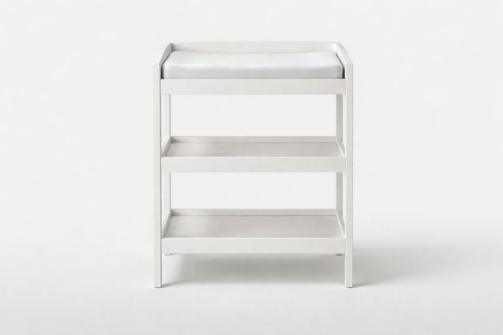 White Solid wood Changing Table with Cushioned Pad and Shelves-Crystalhomeeu