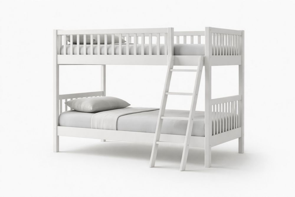 White Solid Wood Bunk Bed with Ladder-Crystalhomeeu