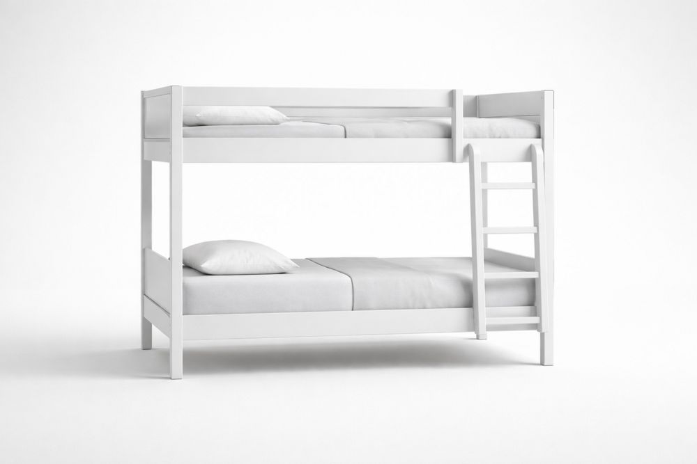 White Solid Wood Bunk Bed with Ladder and Guardrails-Crystalhomeeu