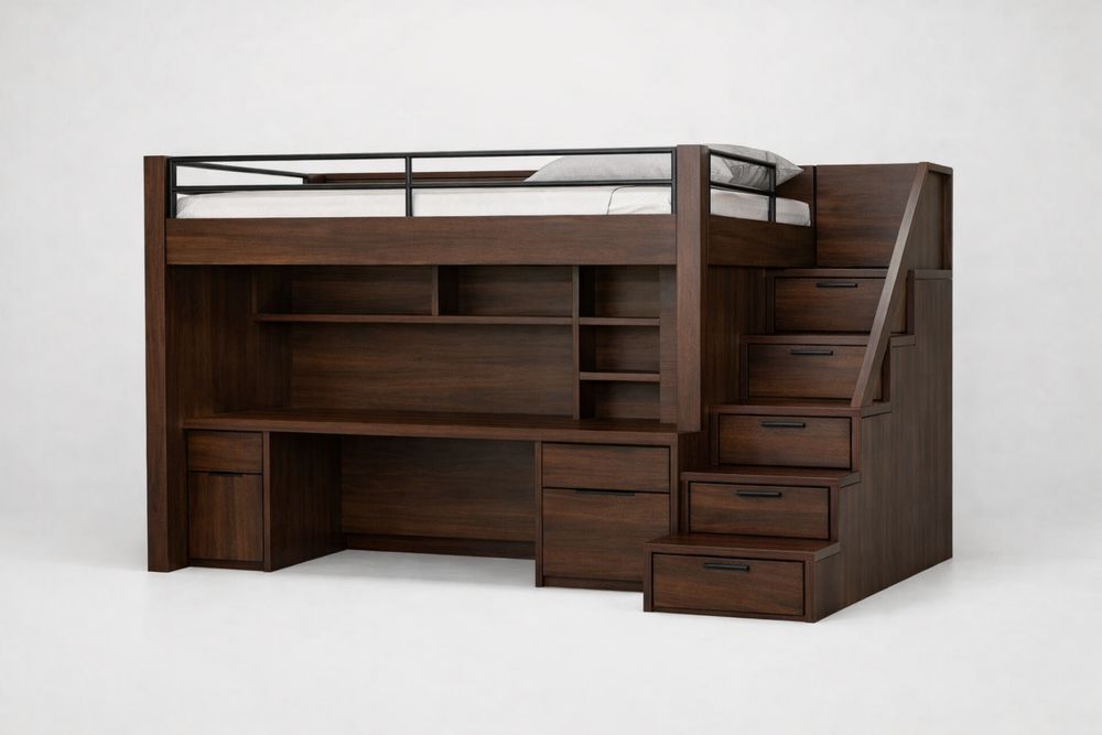 Engineered Wood Loft Bed with Storage Stairs and Desk in Brown-Crystalhomeeu