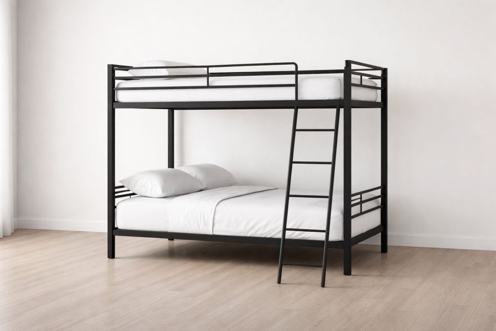 Steel Twin Over Full Bunk Bed Black with Ladder-Crystalhomeeu