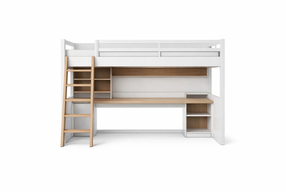 MDF and Solid Wood Loft Bed with Desk and Shelves, White/Natural Wood-Crystalhomeeu