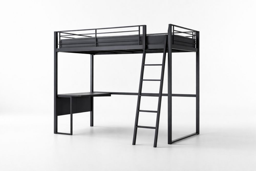 Black Aluminum Loft Bed with Desk and Ladder-Crystalhomeeu